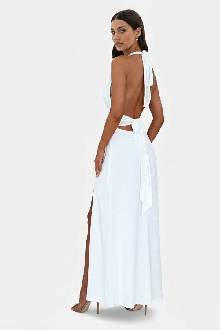 Halter V-Neck Cross Back Bow Tie High Thigh Slit Maxi Dress