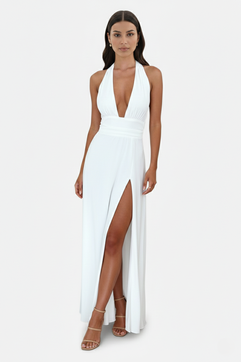 Halter V-Neck Cross Back Bow Tie High Thigh Slit Maxi Dress
