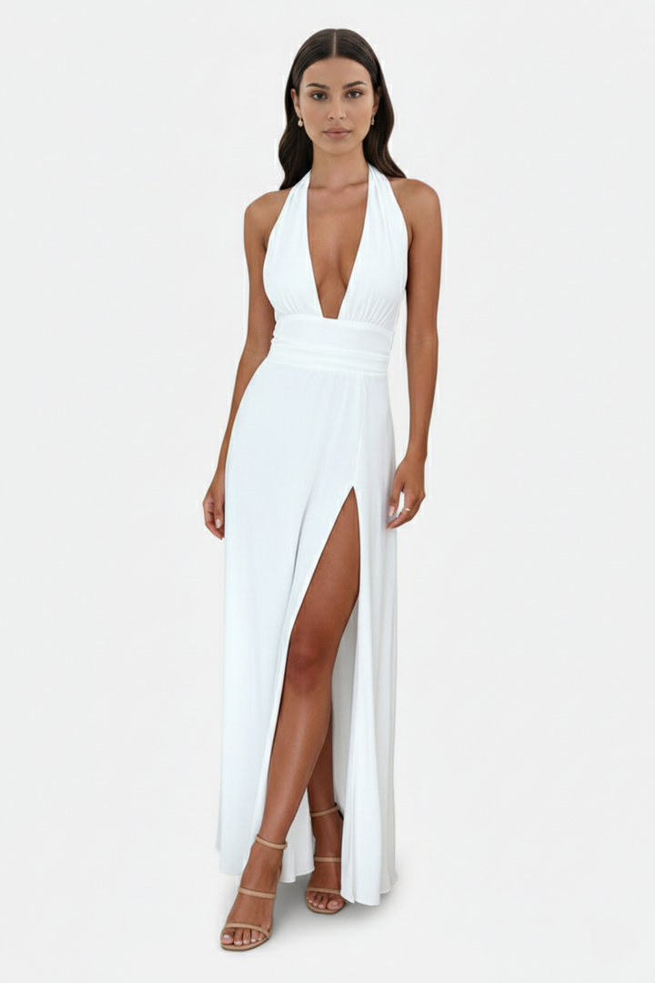 Halter V-Neck Cross Back Bow Tie High Thigh Slit Maxi Dress