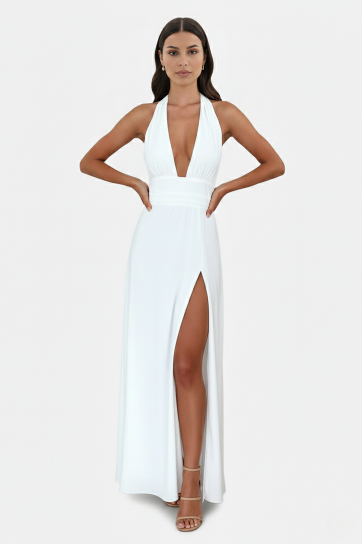 Halter V-Neck Cross Back Bow Tie High Thigh Slit Maxi Dress