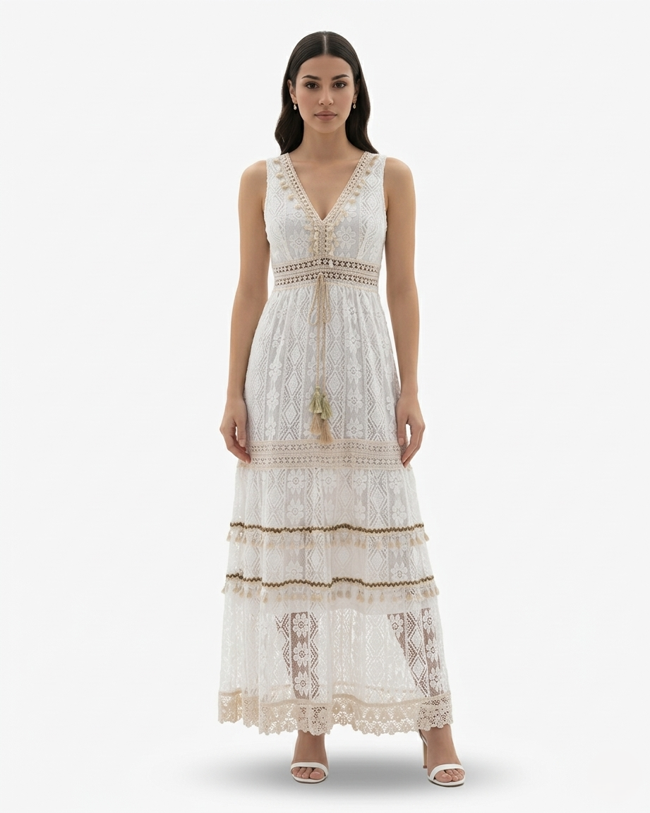 Boho Lace Crochet Maxi Dress Sleeveless V Neck Tassel Tie Tiered Hem