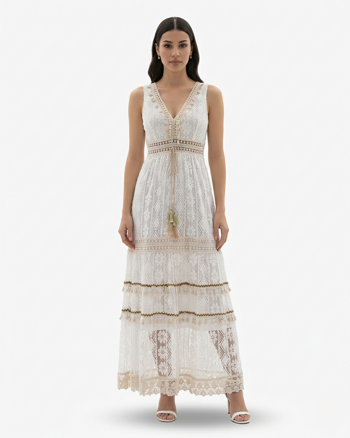 Boho Lace Crochet Maxi Dress Sleeveless V Neck Tassel Tie Tiered Hem