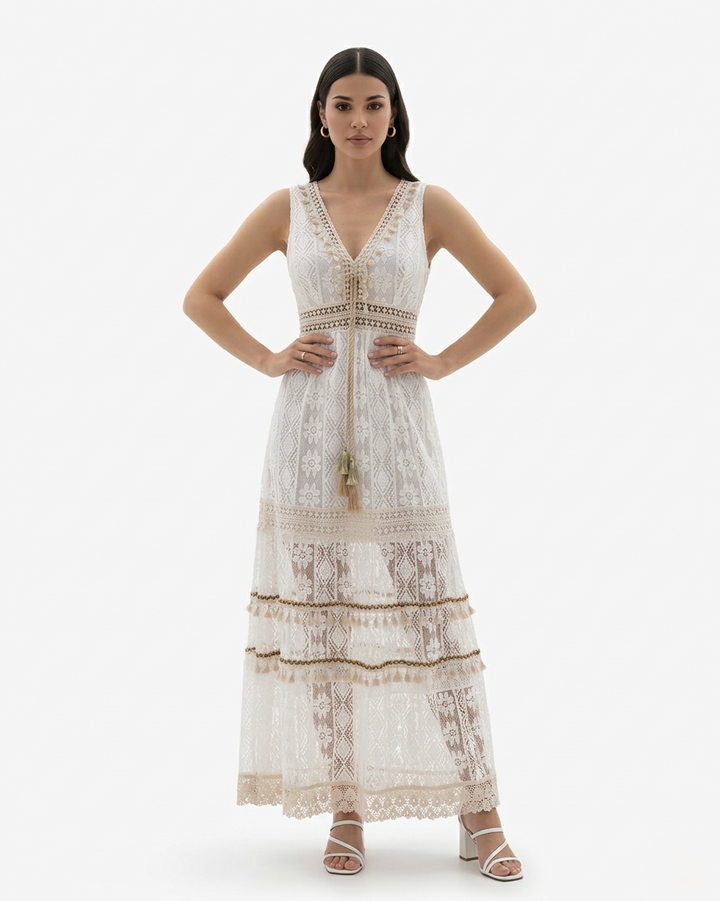 Boho Lace Crochet Maxi Dress Sleeveless V Neck Tassel Tie Tiered Hem