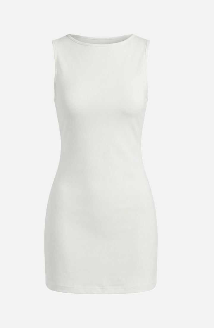 Bodycon Mini Dress Boat Neck Sleeveless Ribbed Knit Basic Stretch