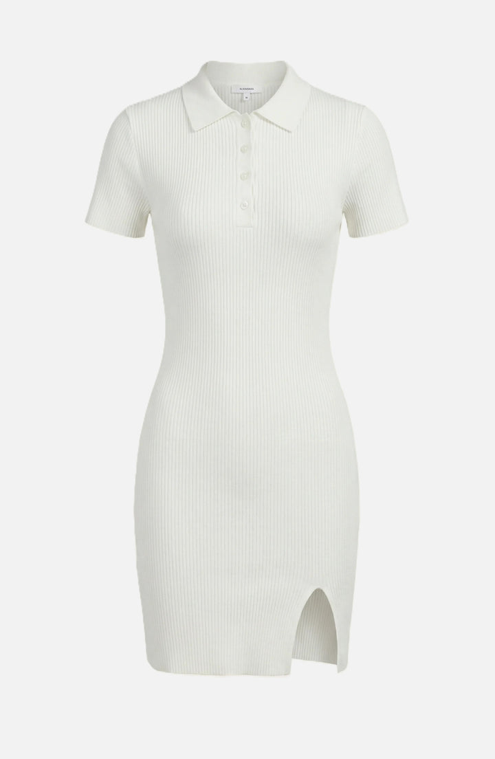 Ribbed Polo Mini Dress Slim Fit Button Front with Side Slit