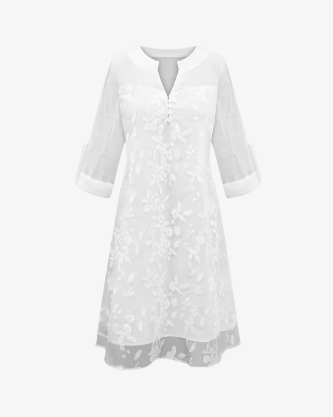 Floral Embroidered Mesh Midi Dress Notch V Neck Sheer Sleeve