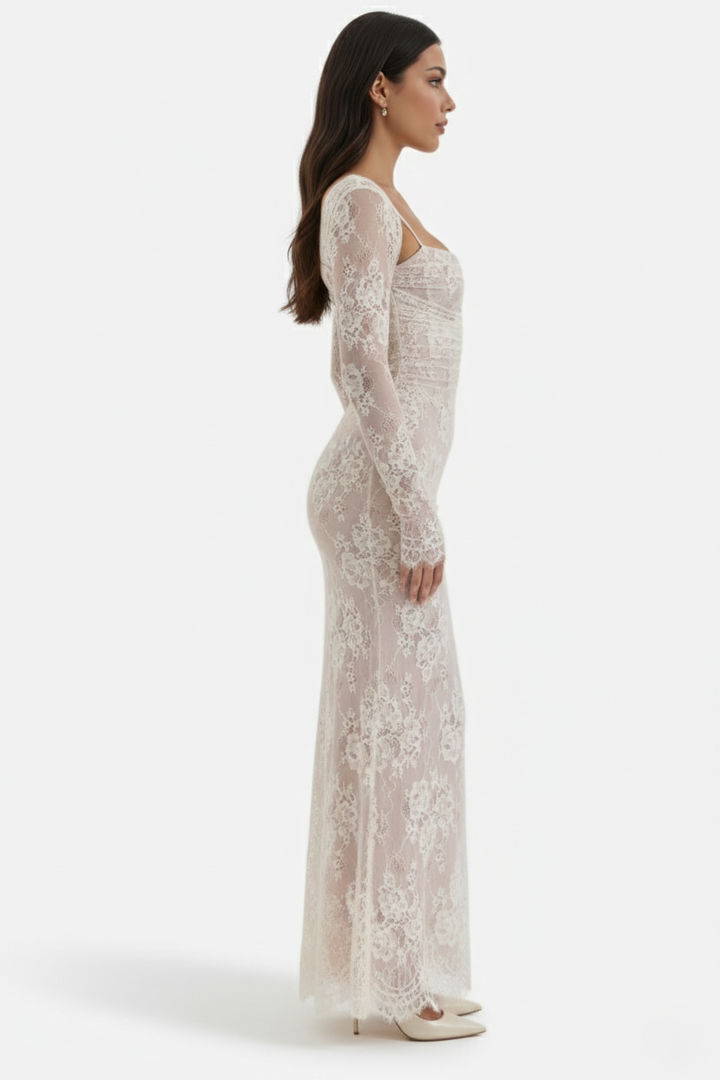 Floral Lace Maxi Dress with Lace-Up Back and Long Sleeve Shrug