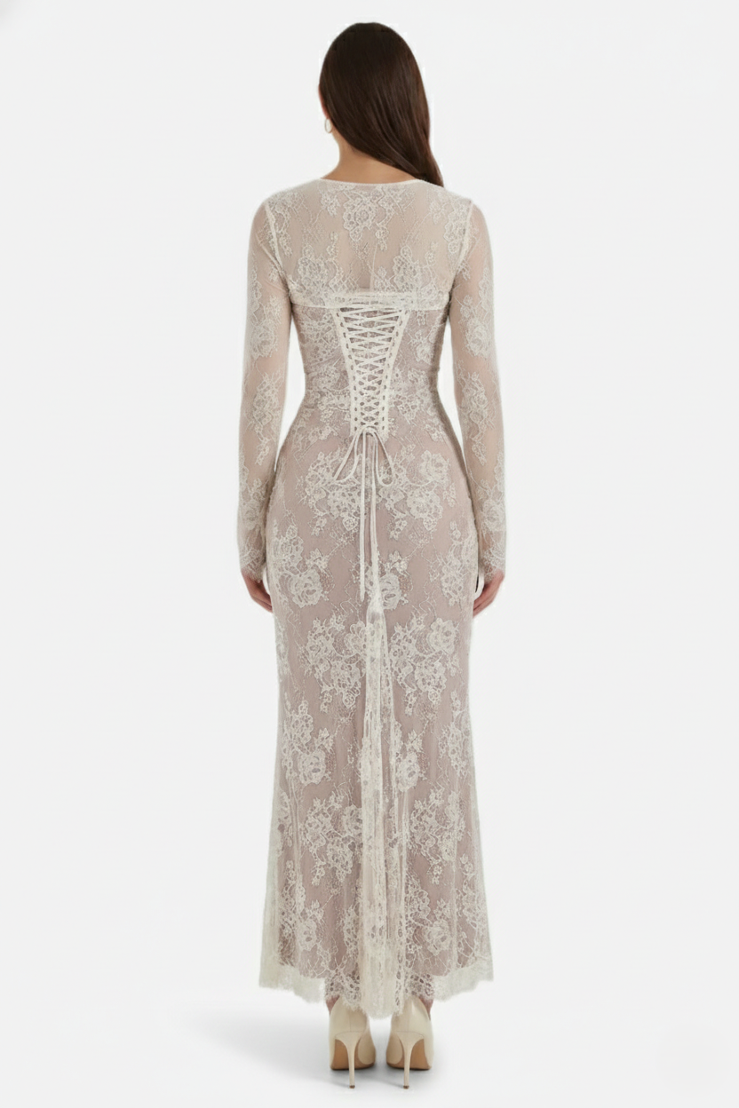 Floral Lace Maxi Dress with Lace-Up Back and Long Sleeve Shrug