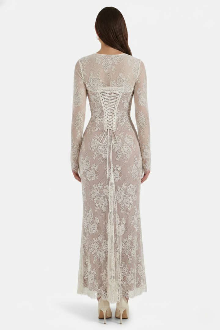 Floral Lace Maxi Dress with Lace-Up Back and Long Sleeve Shrug