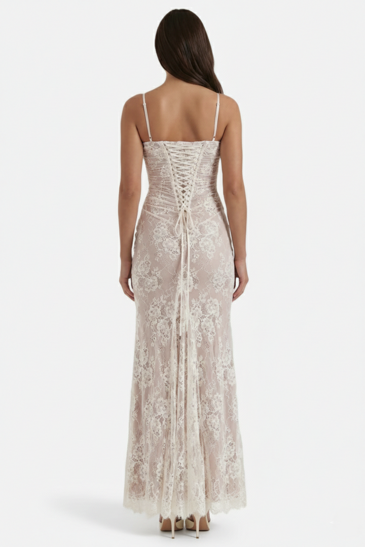 Floral Lace Maxi Dress with Lace-Up Back and Long Sleeve Shrug