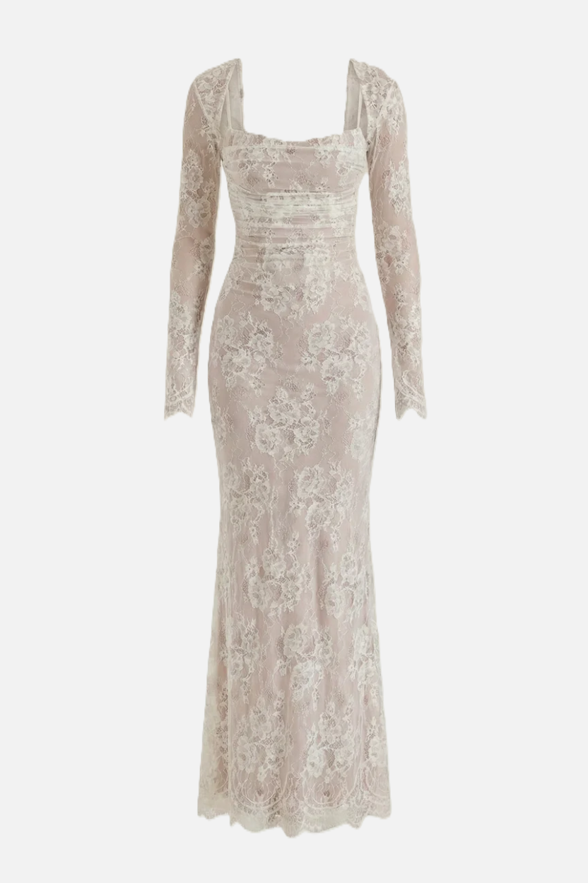 Floral Lace Maxi Dress with Lace-Up Back and Long Sleeve Shrug