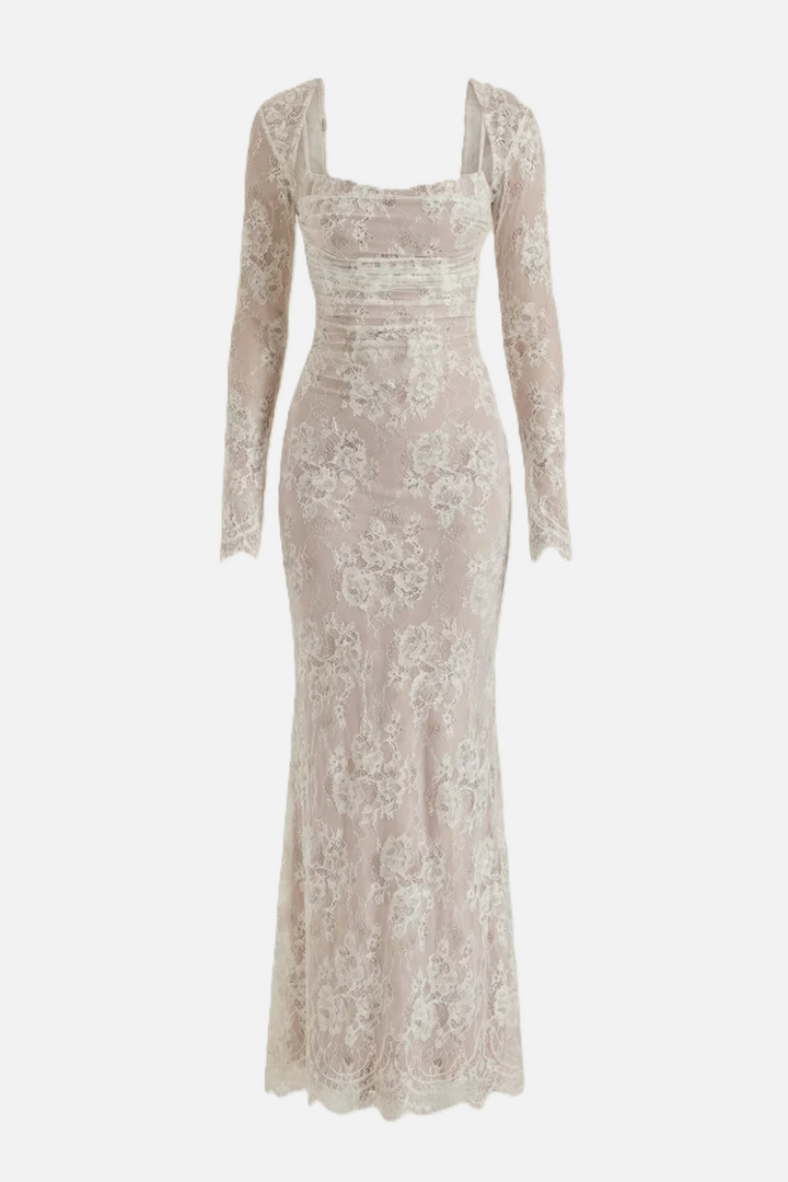 Floral Lace Maxi Dress with Lace-Up Back and Long Sleeve Shrug