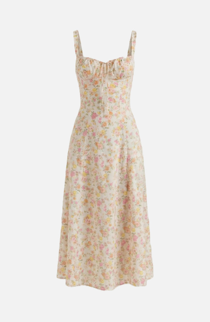 Midi Sundress Floral Print Ruched Bust Tie Front A-Line Skirt