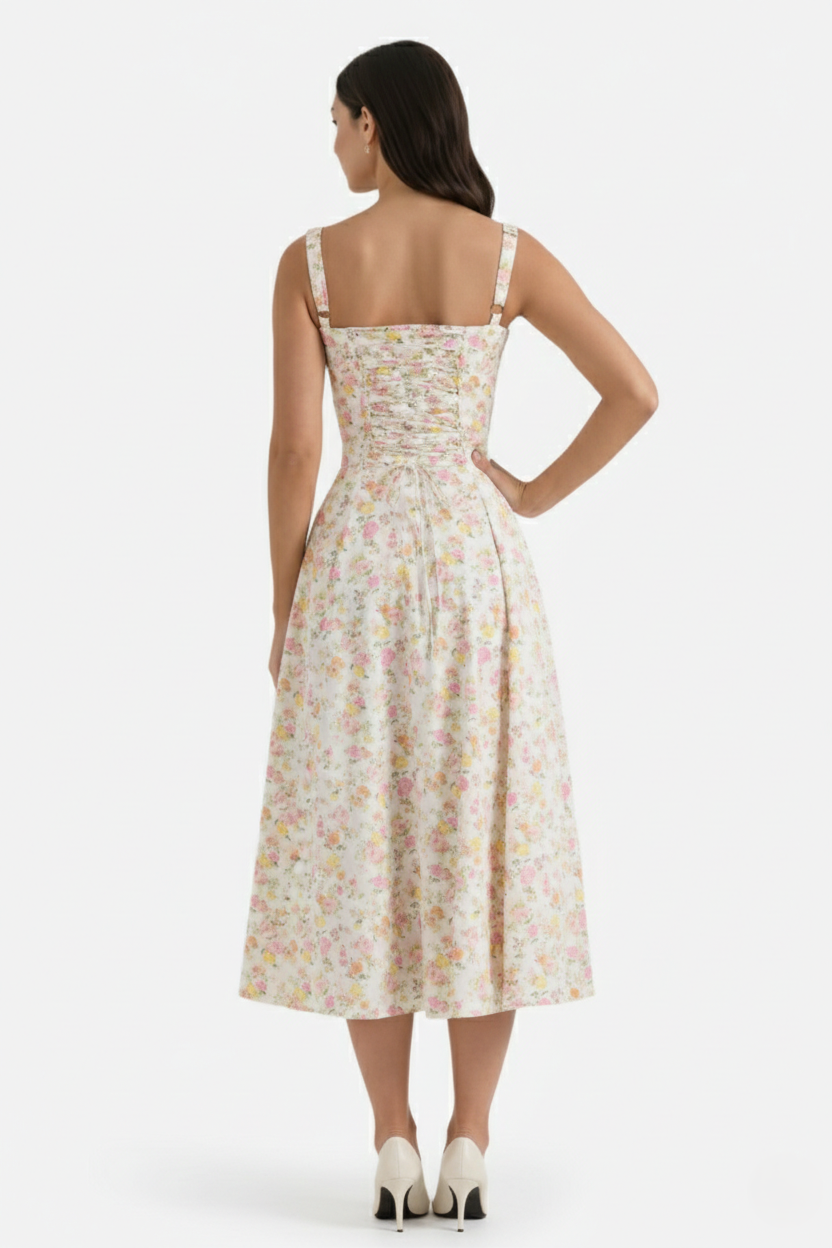 Midi Sundress Floral Print Ruched Bust Tie Front A-Line Skirt