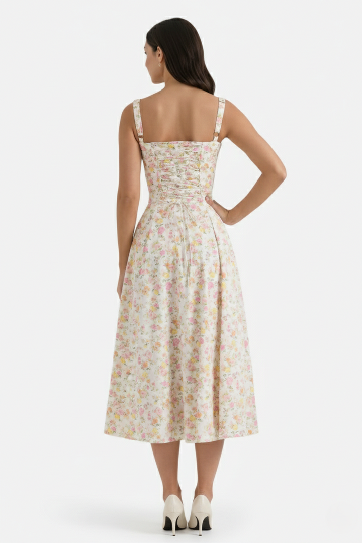 Midi Sundress Floral Print Ruched Bust Tie Front A-Line Skirt