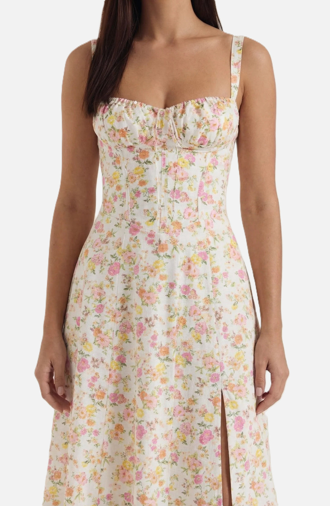 Midi Sundress Floral Print Ruched Bust Tie Front A-Line Skirt