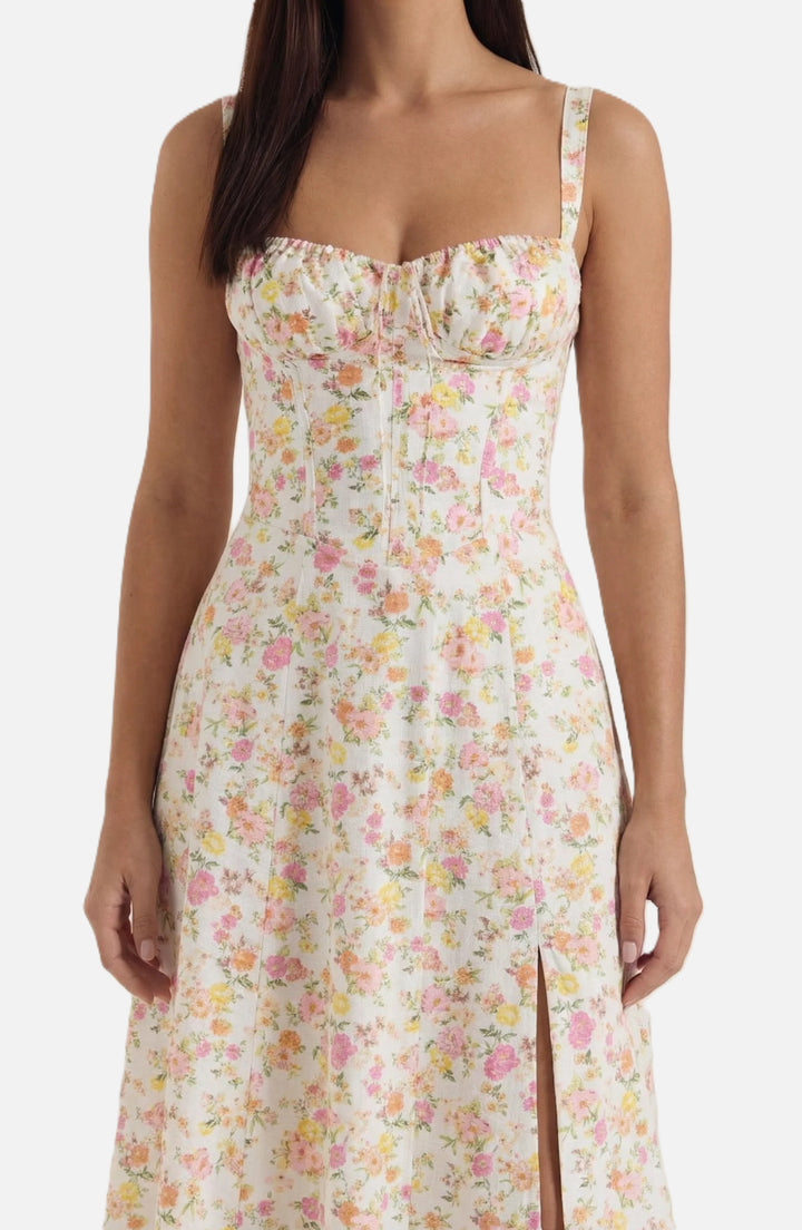 Midi Sundress Floral Print Ruched Bust Tie Front A-Line Skirt