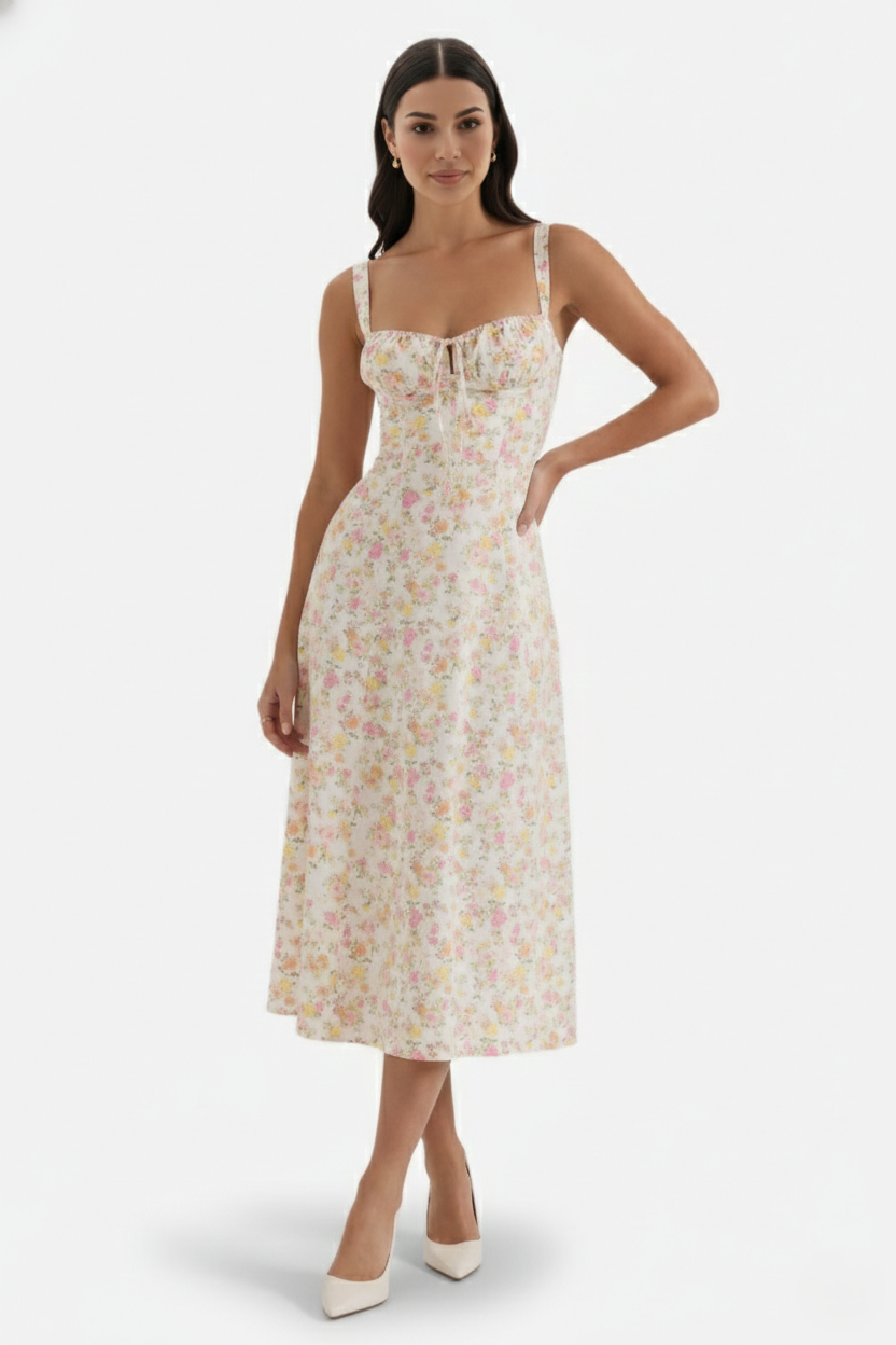 Midi Sundress Floral Print Ruched Bust Tie Front A-Line Skirt