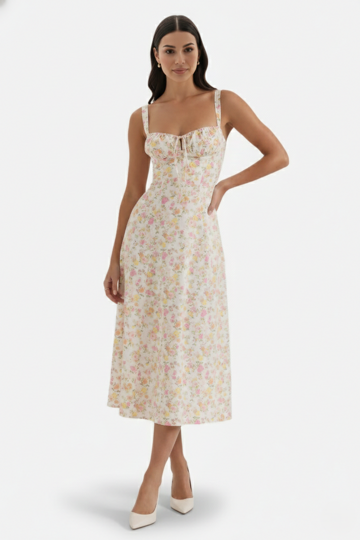 Midi Sundress Floral Print Ruched Bust Tie Front A-Line Skirt