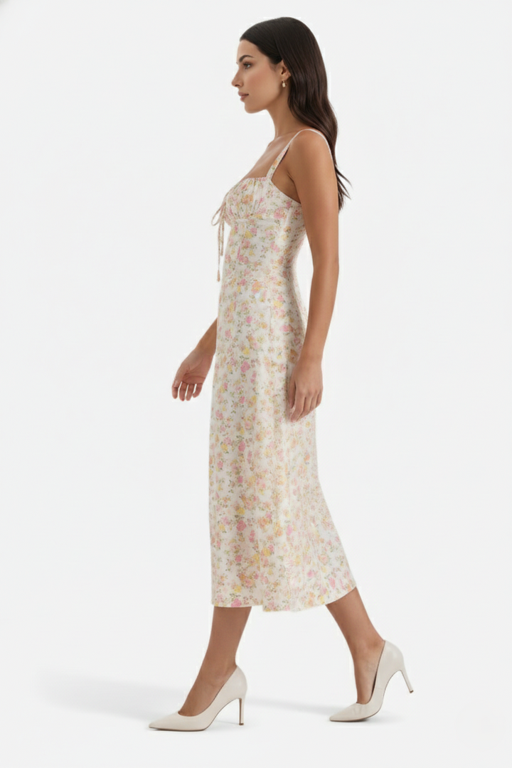 Midi Sundress Floral Print Ruched Bust Tie Front A-Line Skirt