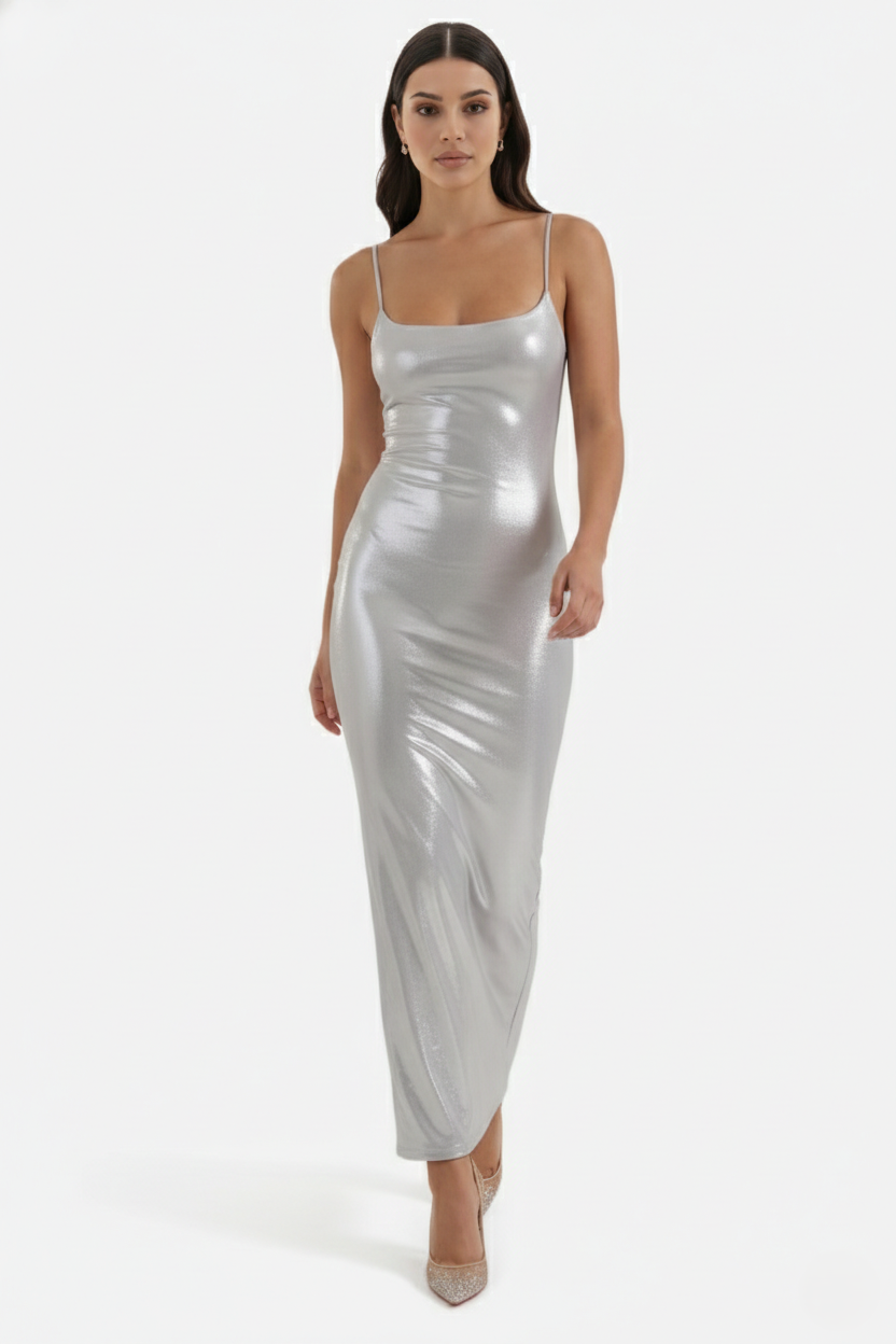 Party Dress Metallic Bodycon with Spaghetti Strap Maxi