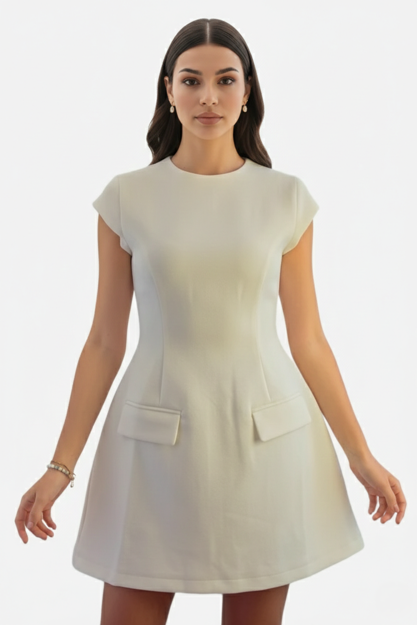 Mock Neck Fit Flare Mini Dress with Cap Sleeves and Flap Pockets