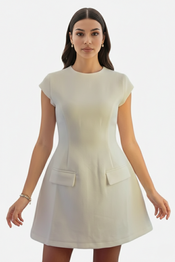 Mock Neck Fit Flare Mini Dress with Cap Sleeves and Flap Pockets