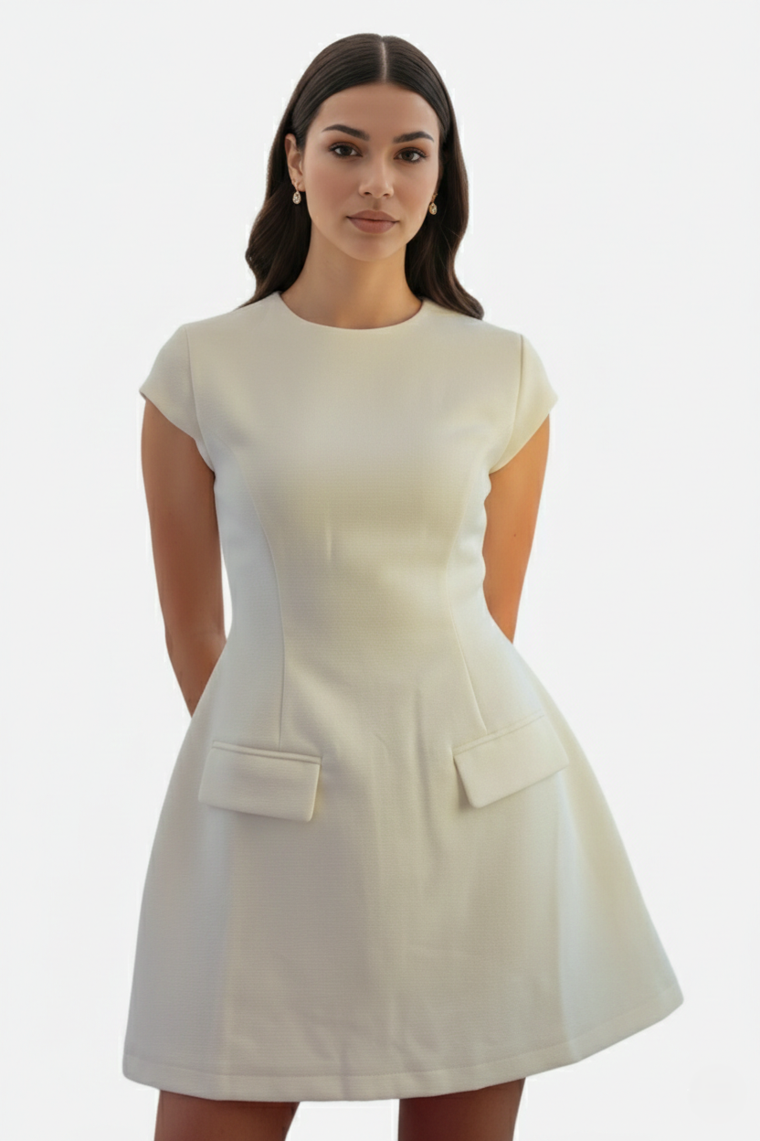 Mock Neck Fit Flare Mini Dress with Cap Sleeves and Flap Pockets
