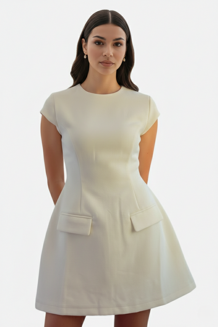 Mock Neck Fit Flare Mini Dress with Cap Sleeves and Flap Pockets