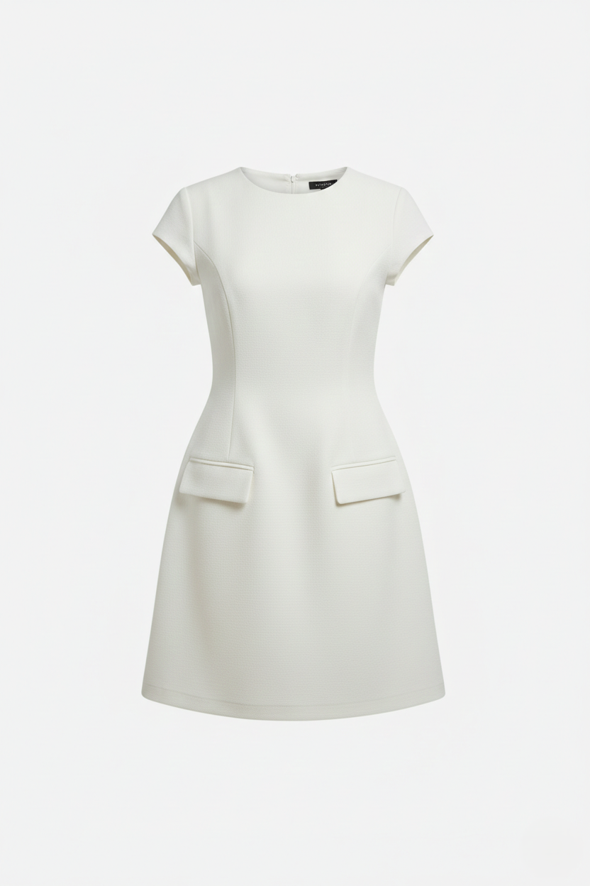 Mock Neck Fit Flare Mini Dress with Cap Sleeves and Flap Pockets