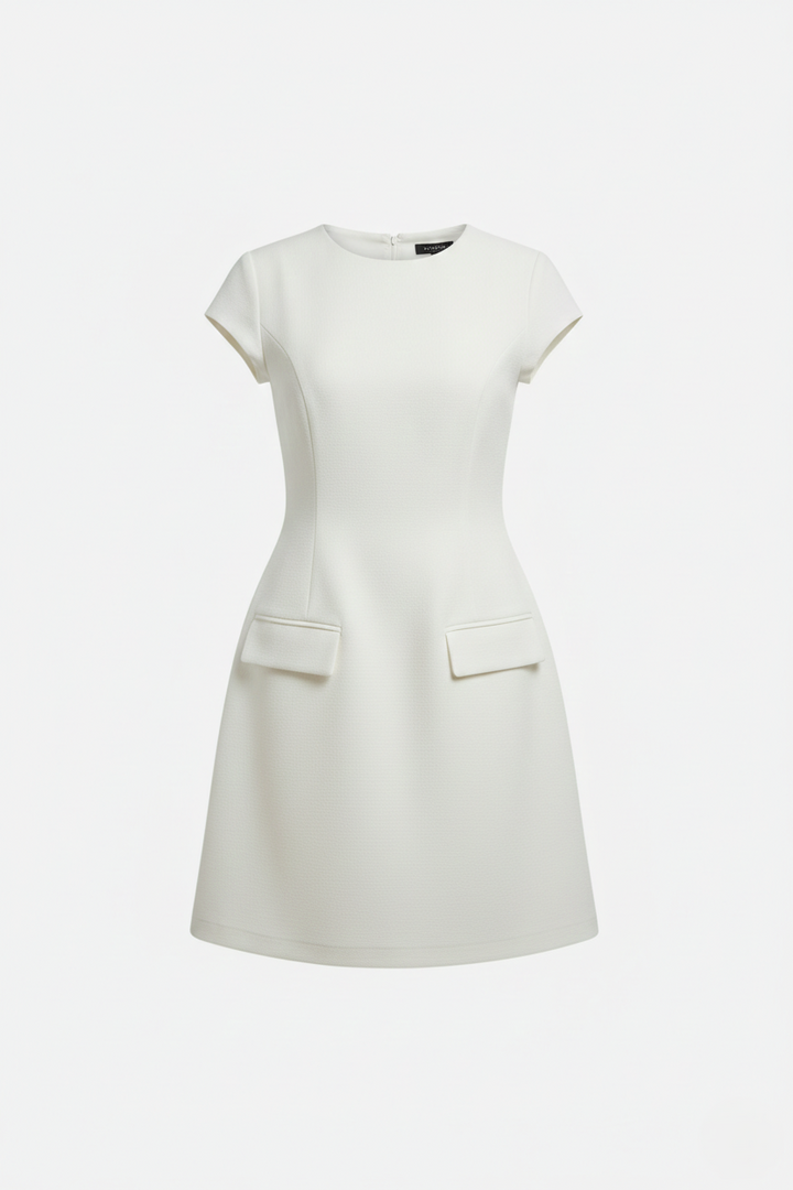Mock Neck Fit Flare Mini Dress with Cap Sleeves and Flap Pockets