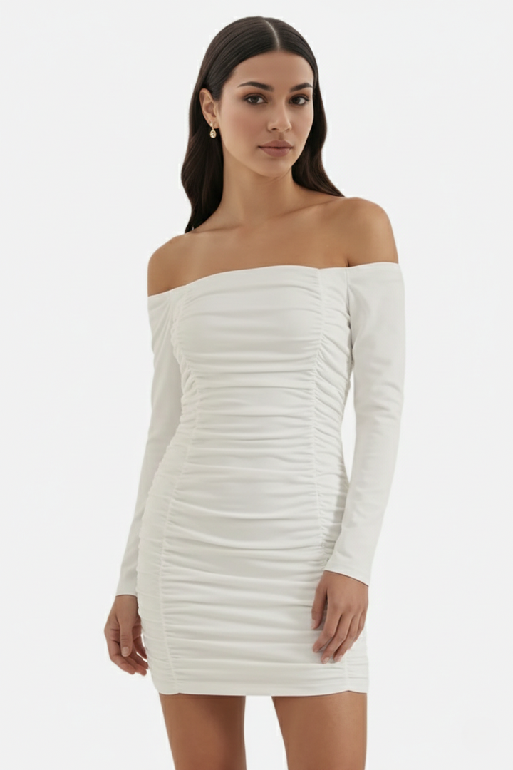 Ruched Off-Shoulder Long Sleeve Bodycon Mini Dress