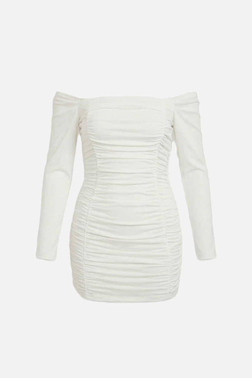 Ruched Off-Shoulder Long Sleeve Bodycon Mini Dress