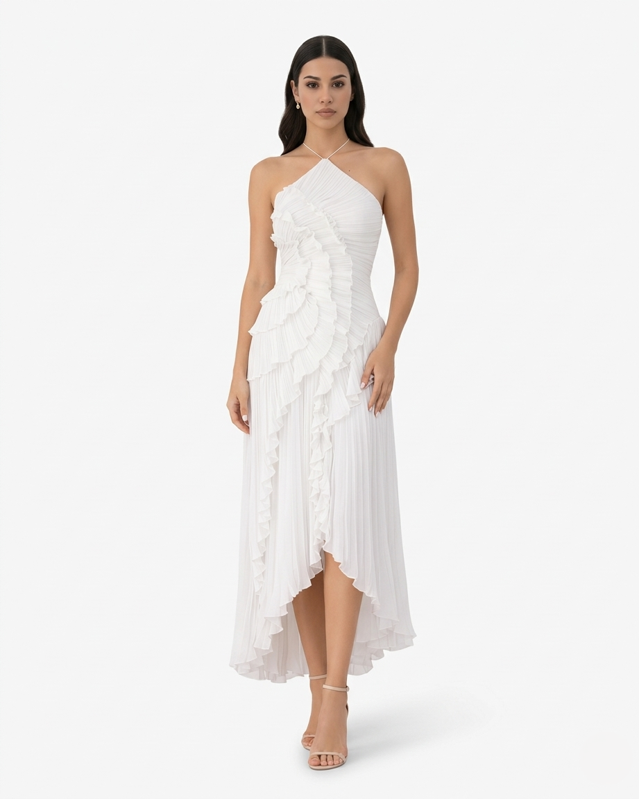 Pleated Ruffle Halter Neck Maxi Dress Asymmetrical Hem