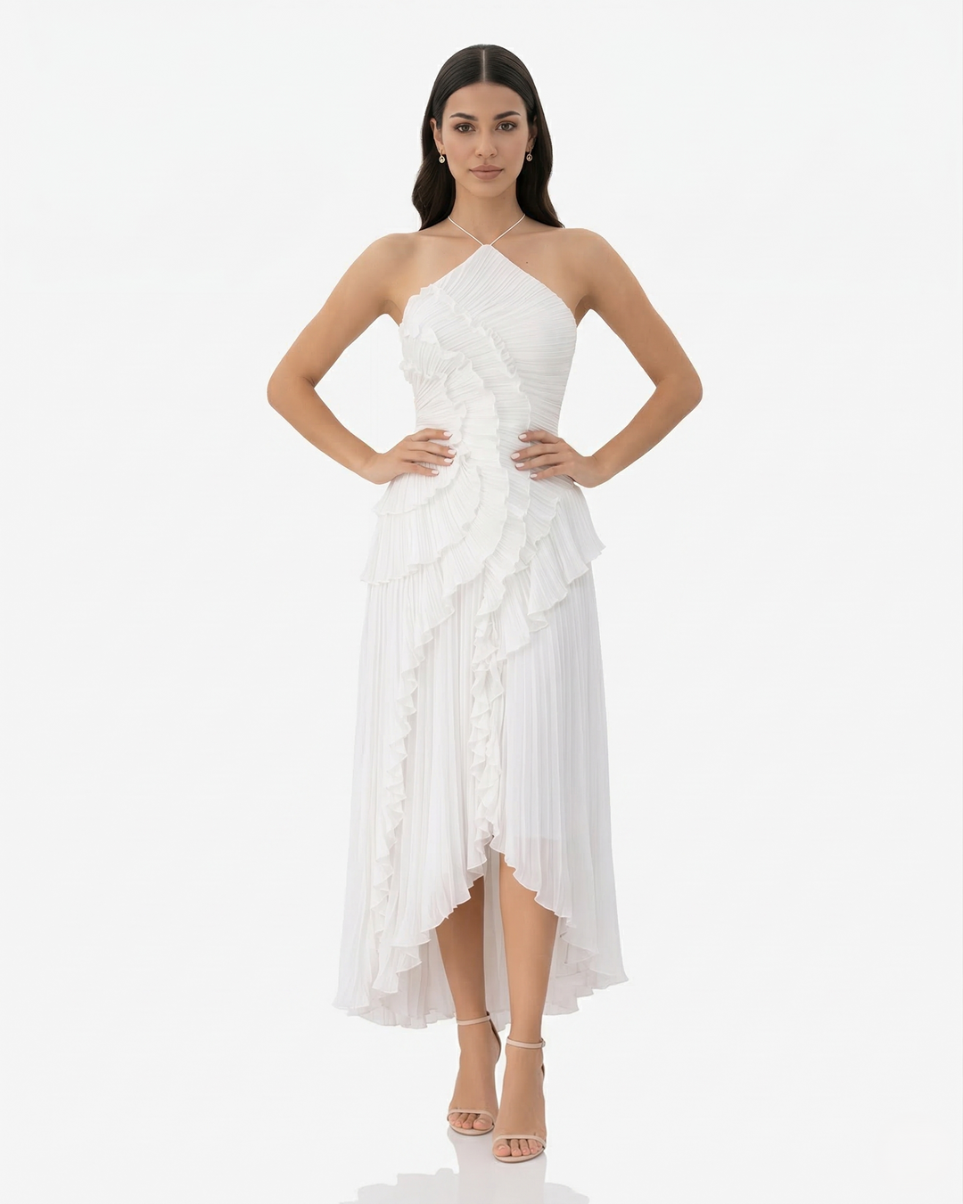 Pleated Ruffle Halter Neck Maxi Dress Asymmetrical Hem
