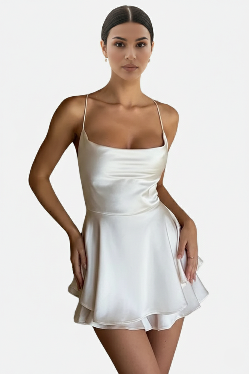 Satin Spaghetti Strap Tiered Mini Dress with Lace Up Back