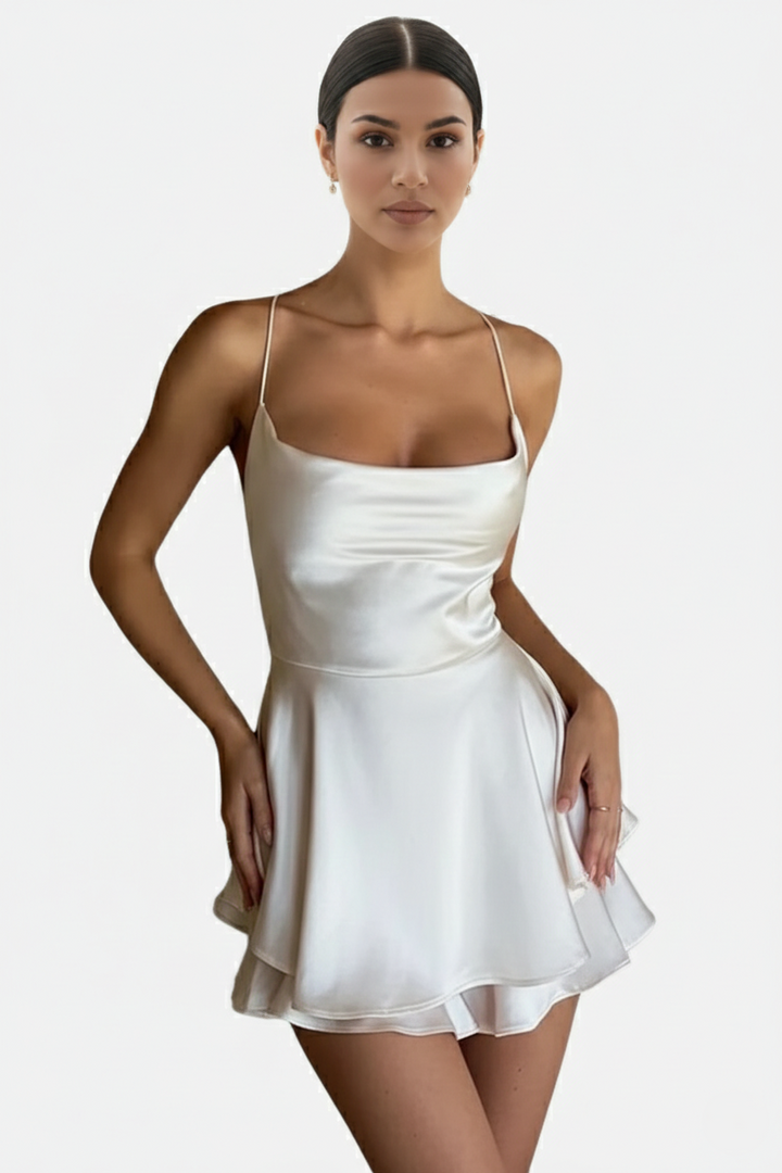 Satin Spaghetti Strap Tiered Mini Dress with Lace Up Back