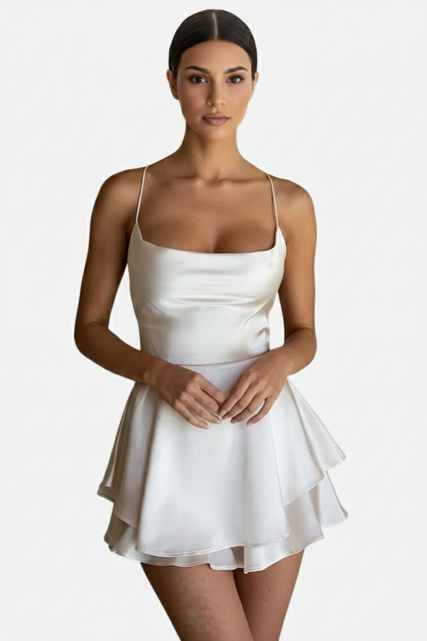 Satin Spaghetti Strap Tiered Mini Dress with Lace Up Back
