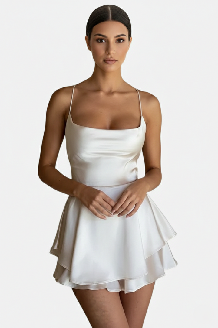 Satin Spaghetti Strap Tiered Mini Dress with Lace Up Back