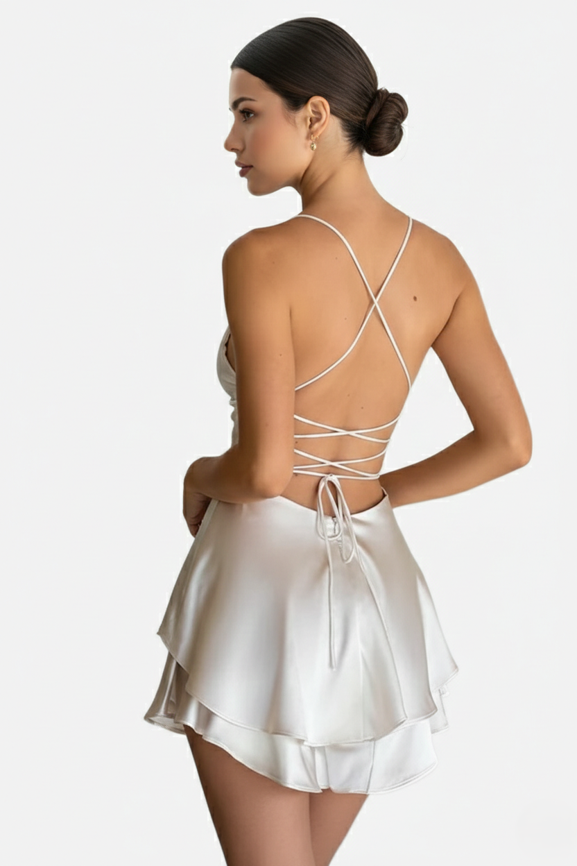 Satin Spaghetti Strap Tiered Mini Dress with Lace Up Back