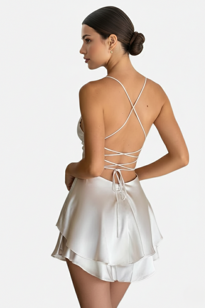 Satin Spaghetti Strap Tiered Mini Dress with Lace Up Back