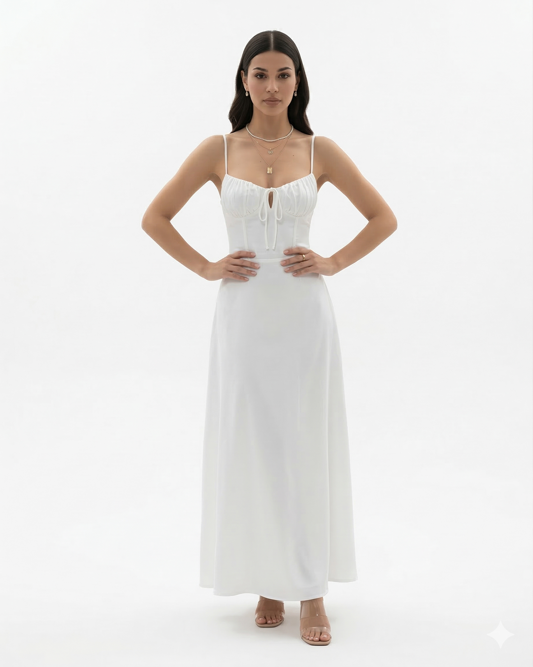 Spaghetti Strap Maxi Dress Sweetheart Neck Tie Front A Line