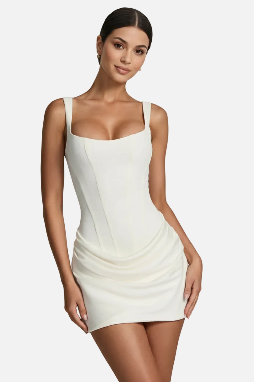 Square Neck Bodycon Mini Dress with Ruched Draped Skirt