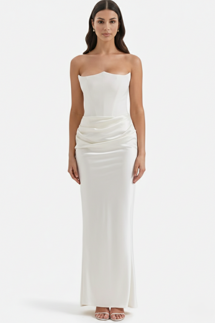 Strapless Corset Maxi Dress Structured Bodice Draped Detail