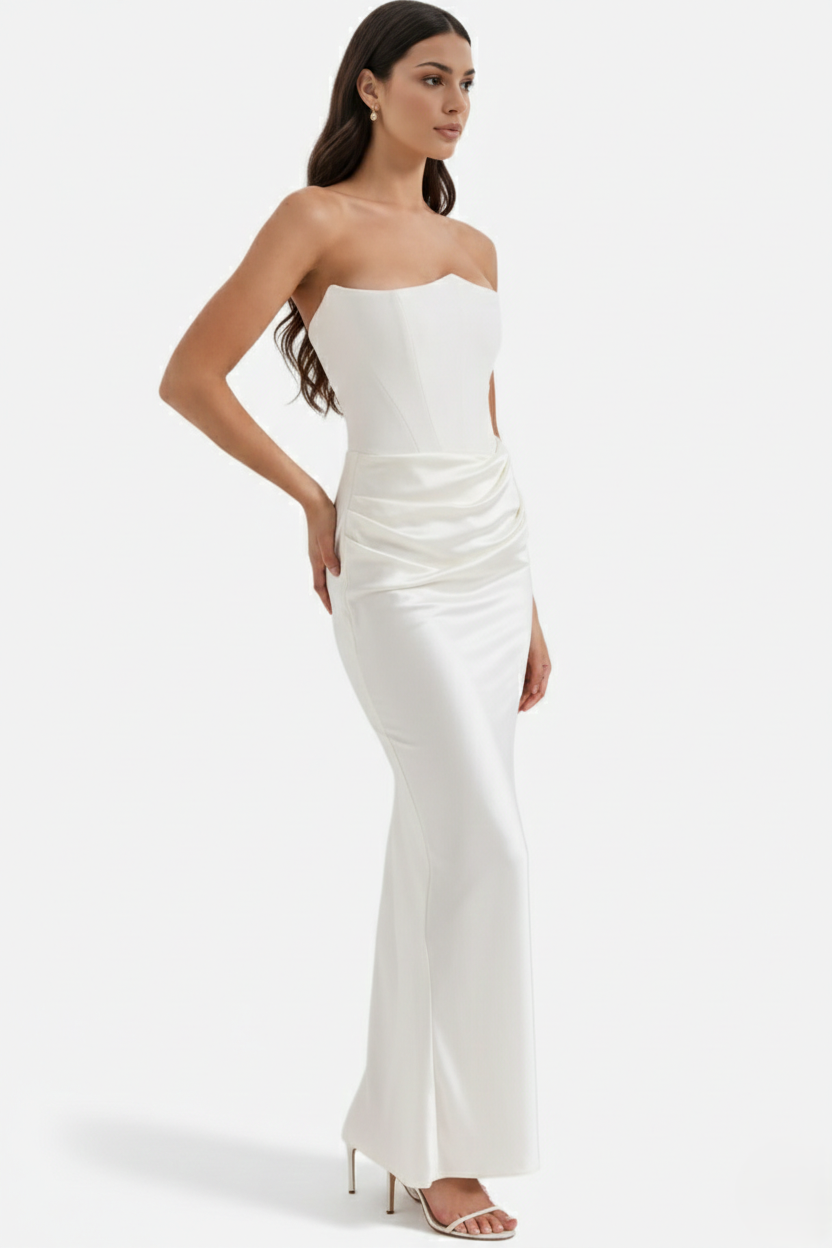 Strapless Corset Maxi Dress Structured Bodice Draped Detail