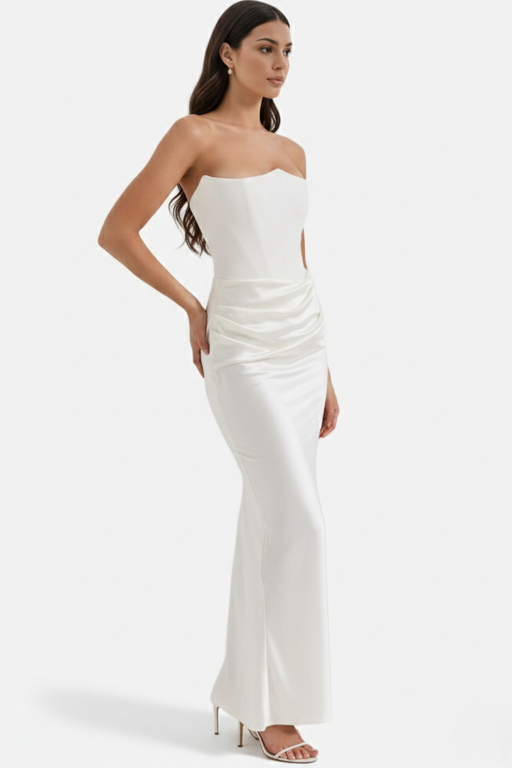 Strapless Corset Maxi Dress Structured Bodice Draped Detail