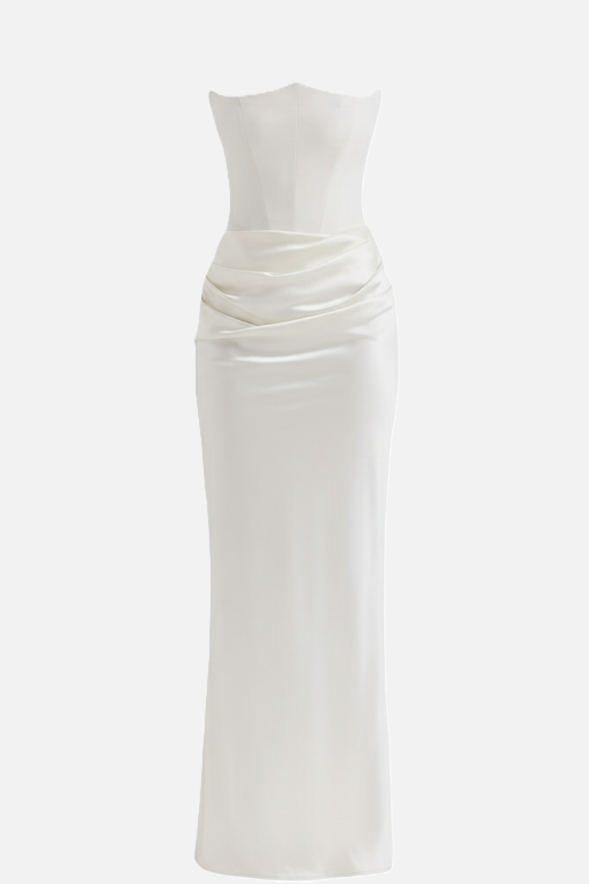 Strapless Corset Maxi Dress Structured Bodice Draped Detail