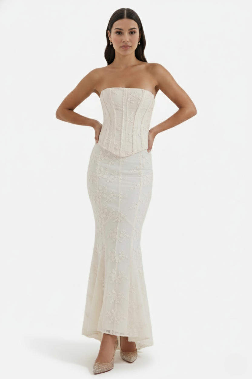 Strapless Corset Top and Embroidered Mermaid Maxi Skirt Set