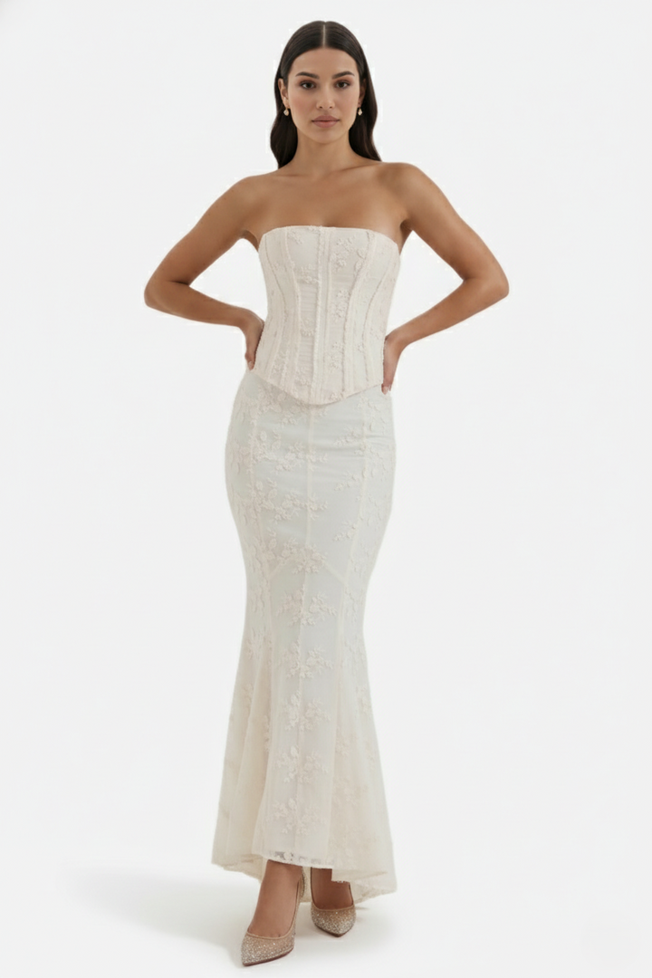 Strapless Corset Top and Embroidered Mermaid Maxi Skirt Set