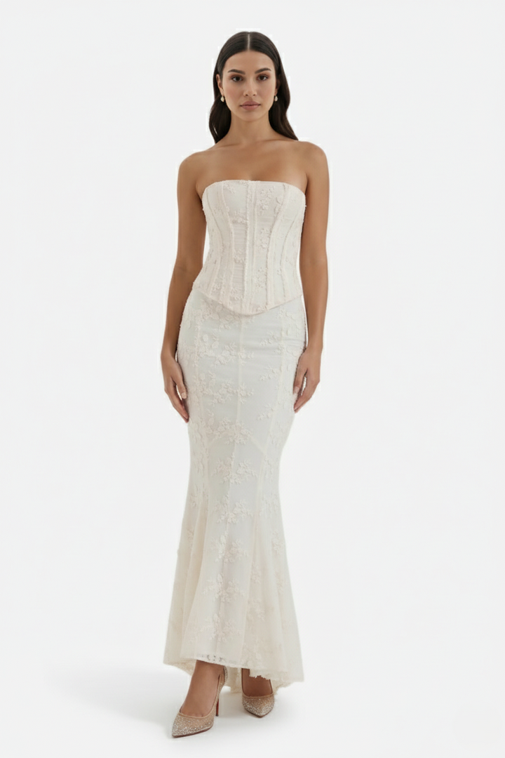 Strapless Corset Top and Embroidered Mermaid Maxi Skirt Set